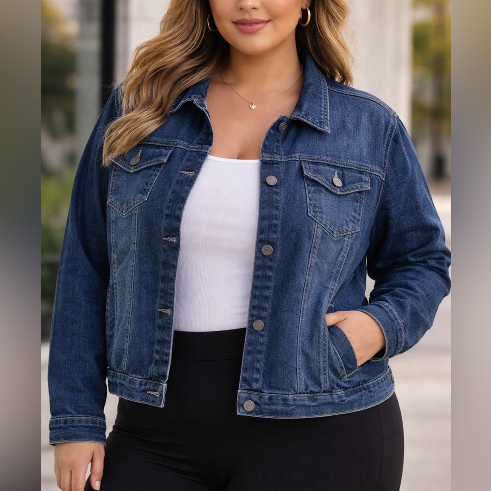 NEW LOOK Women’s SIZE 2X Dark Wash Denim Jean Jacket Stretch Blue Casual.